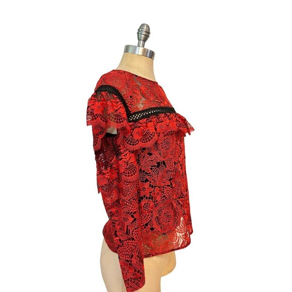 RED CARTER Sheffield Red Lace Top In Carmine Cold Shoulder Size XS - Picture 3 of 8